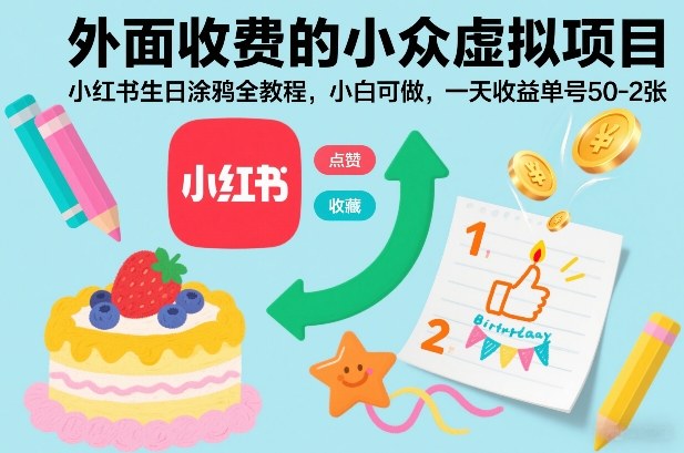 外面收费的小众虚拟项目，小红书生日涂鸦全教程，小白可做，一天收益单号50-2张-轻创星球网