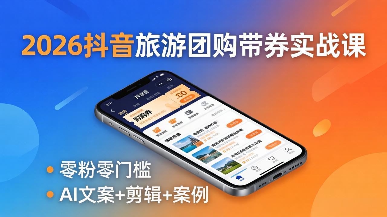 2026抖音旅游团购带券实战课：零粉零门槛，AI文案+剪辑+案例，躺着赚门票佣金-轻创星球网