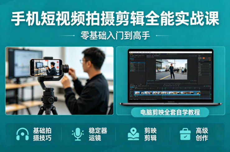 手机短视频拍摄剪辑全能实战课：零基础入门到高手，稳定器运镜+电脑剪映全套自学教程-轻创星球网