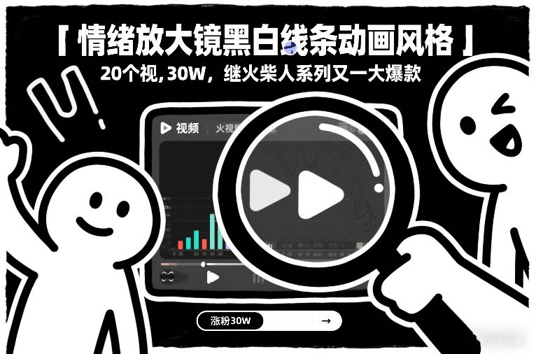 情绪放大镜黑白线条动画风格，20个视频，涨粉30W，继火柴人系列又一大爆款-轻创星球网
