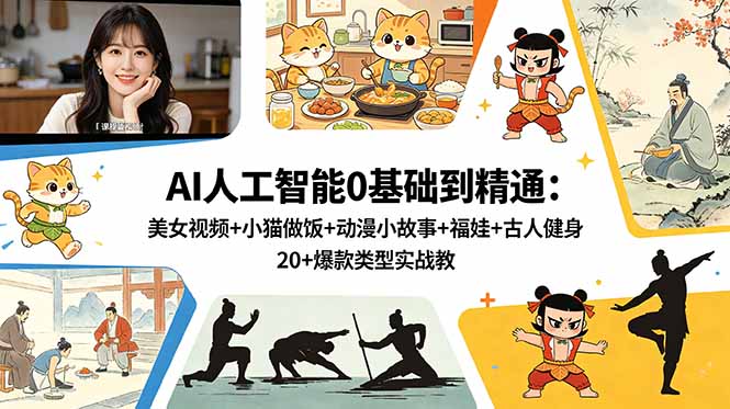 AI人工智能0基础到精通：美女视频+小猫做饭+动漫小故事+福娃+古人健身，20+爆款类型实战教学-轻创星球网