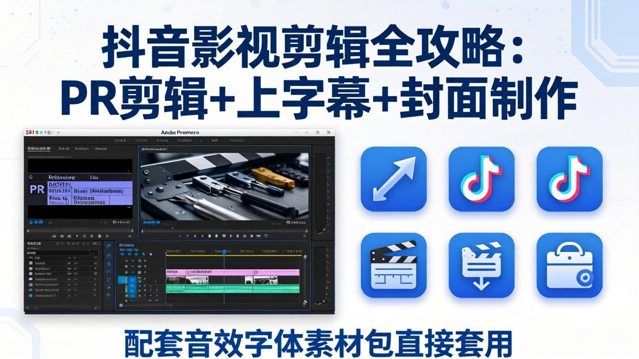 抖音影视剪辑全攻略：PR剪辑+上字幕+封面制作，配套音效字体素材包直接套用-轻创星球网