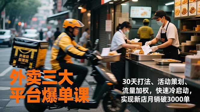 外卖三大平台爆单课，30天打法、活动策划、流量加权，快速冷启动，实现新店月销破3000单-轻创星球网
