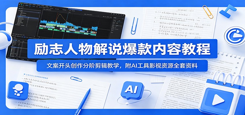 励志人物解说爆款内容教程：文案开头创作分阶剪辑教学，附AI 工具影视资源全套资料-轻创星球网