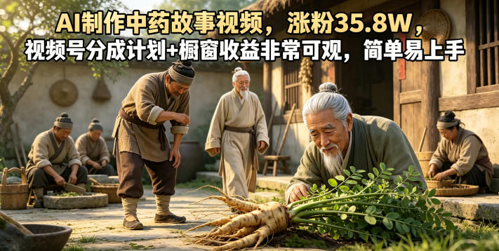 AI制作中药故事视频，涨粉35.8W，视频号分成计划+橱窗收益非常可观，简单易上手-轻创星球网