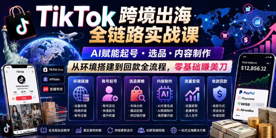 TikTok跨境出海全链路实战课，AI赋能起号・选品・内容制作，从环境搭建到回款全流程，零基础賺美刀-轻创星球网