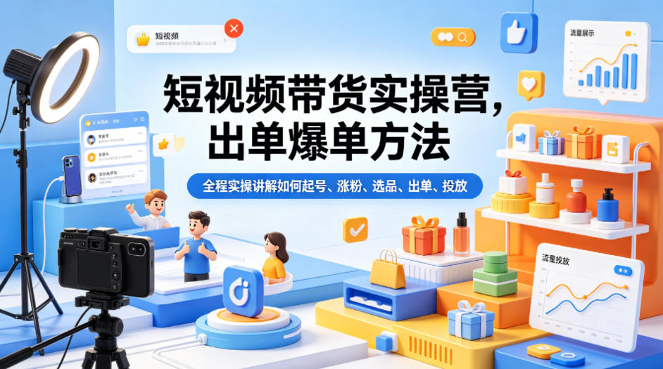 短视频带货实操营，出单爆单方法，全程实操讲解如何起号、涨粉、选品、出单、投放(更新0515)-轻创星球网