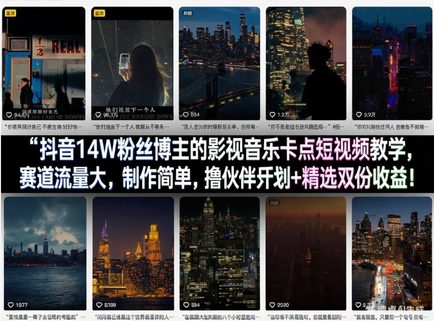 抖音14W粉丝博主的影视音乐卡点短视频教学，赛道流量大，制作简单，撸伙伴计划+精选双份收益！-轻创星球网