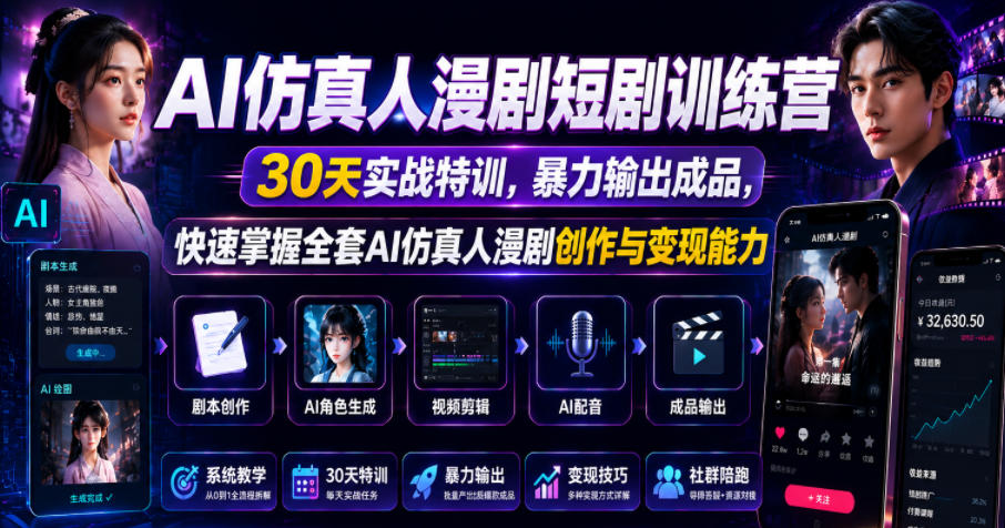 AI仿真人漫剧短剧训练营，30天实战特训，暴力输出成品，快速掌握全套AI仿真人漫剧创作与变现能力-轻创星球网