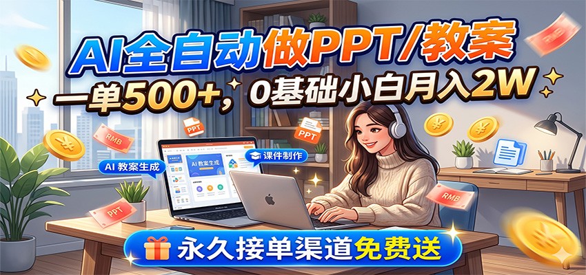 AI全自动做PPT/教案，一单500+，0基础小白月入2W，永久接单渠道免费送-轻创星球网
