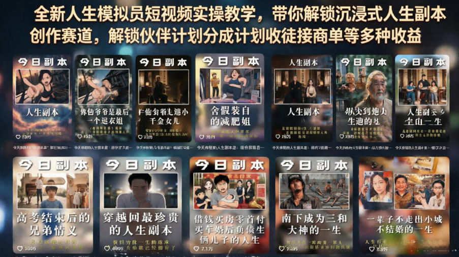 全新人生模拟员短视频实操教学，带你解锁沉浸式人生副本创作赛道，解锁伙伴计划分成计划收徒接商单等多种收益-轻创星球网