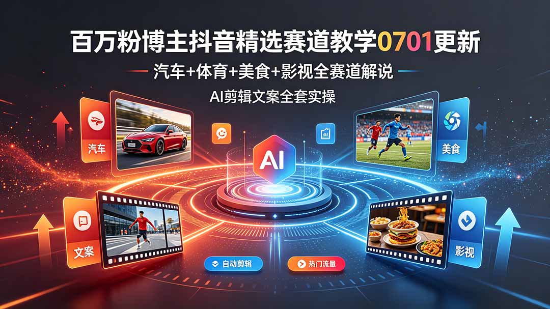 百万粉博主抖音精选赛道教学-0701更新，汽车+体育+美食+影视全赛道解说，AI剪辑文案全套实操-轻创星球网