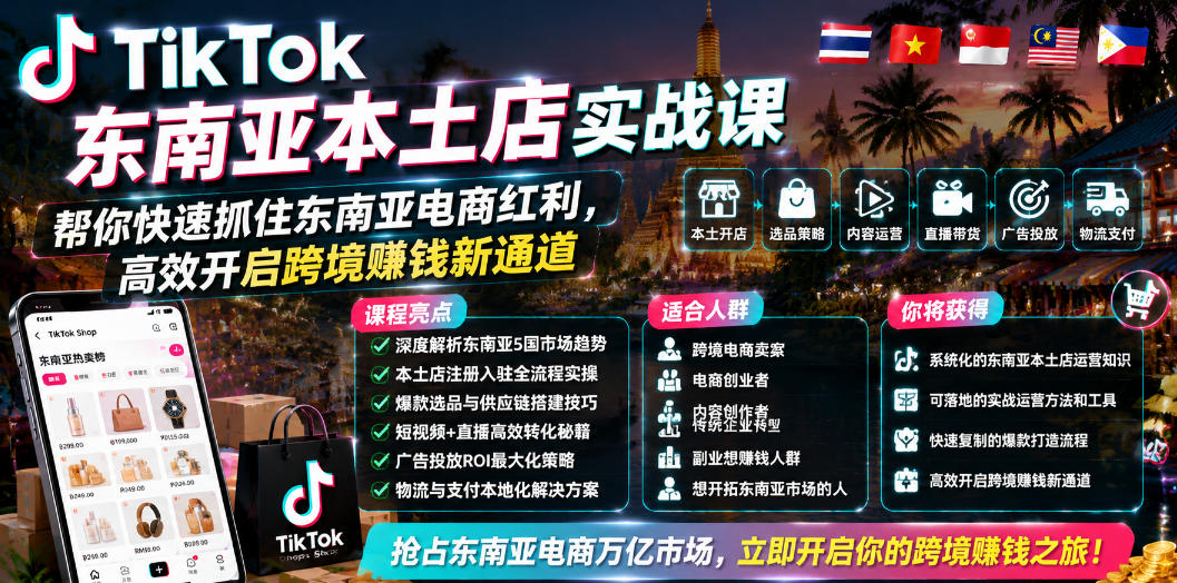 TikTok东南亚本土店实战课，帮你快速抓住东南亚电商红利，高效开启跨境賺钱新通道-轻创星球网