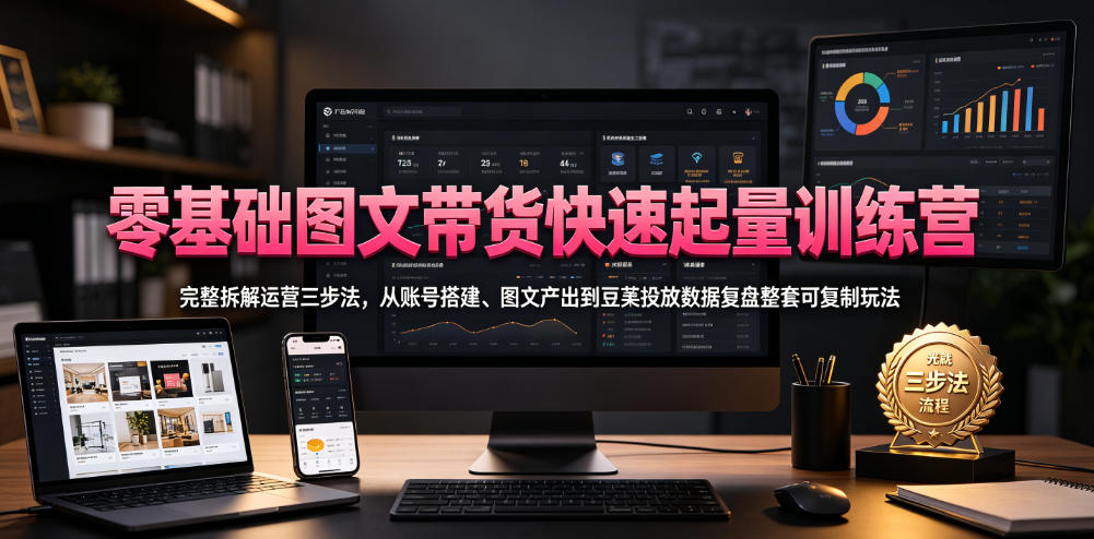 零基础图文带货快速起量训练营，完整拆解运营三步法，从账号搭建、图文产出到豆荚投放数据复盘整套可复制玩法-轻创星球网