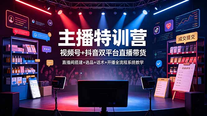 主播特训营：视频号+抖音双平台直播带货，直播间搭建+选品+话术+开播全流程系统教学-轻创星球网