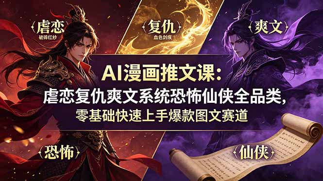 AI漫画推文课：虐恋复仇爽文系统恐怖仙侠全品类，零基础快速上手爆款图文赛道-轻创星球网