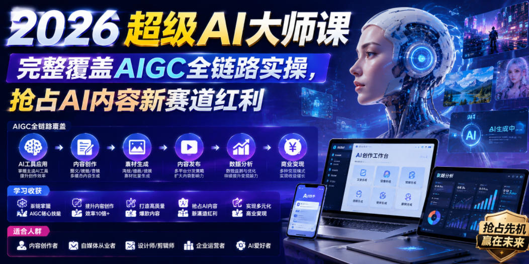 2026超级AI大师课，完整覆盖AIGC全链路实操，抢占AI内容新赛道红利-轻创星球网