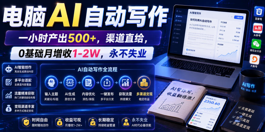 电脑AI自动写作，一小时产出500+，渠道直给，0基础月增收1-2W，永不失业【揭秘】-轻创星球网
