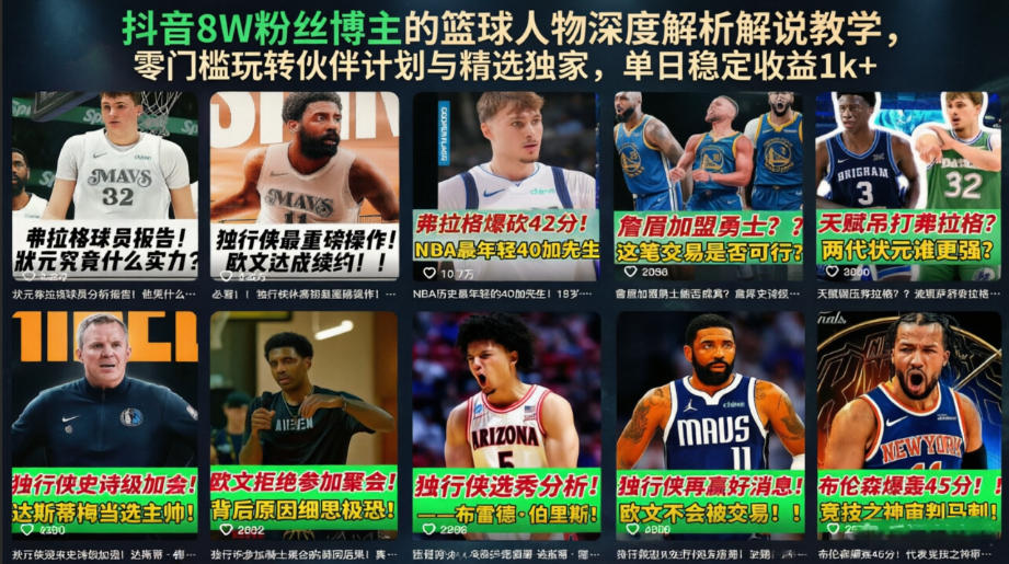 抖音8W粉丝博主的篮球人物深度解析解说教学，零门槛玩转伙伴计划与精选独家，单日稳定收益1k+-轻创星球网