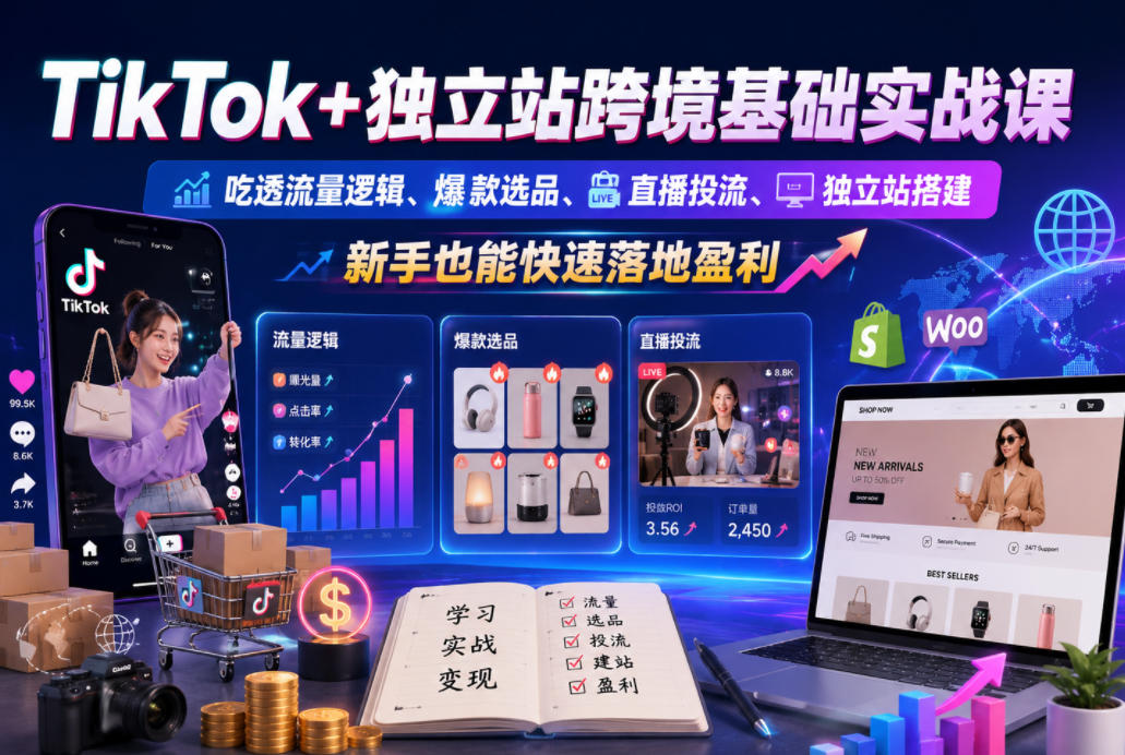 TikTok+独立站跨境基础实战课，吃透流量逻辑、爆款选品、直播投流与独立站搭建，新手也能快速落地盈利-轻创星球网