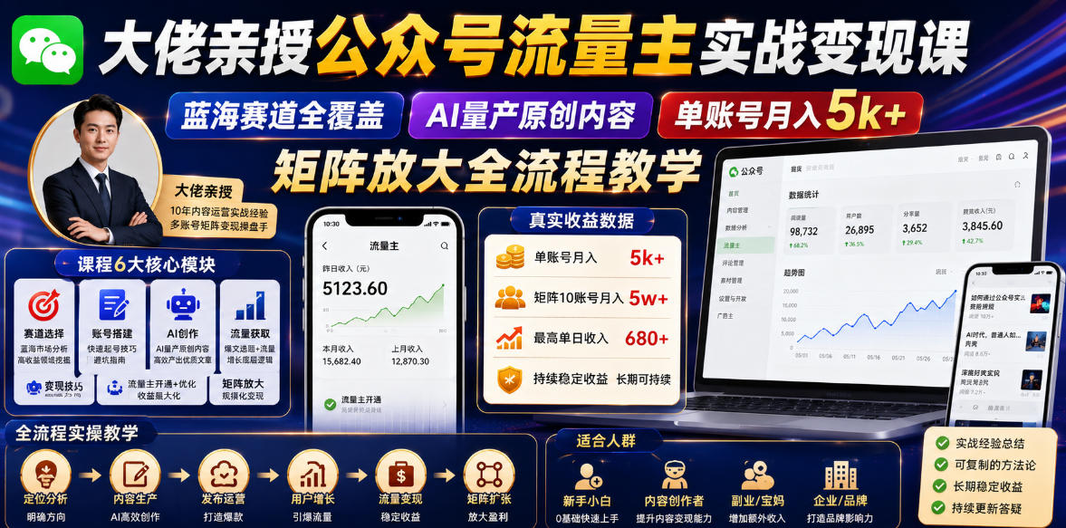 大佬亲授公众号流量主实战变现课，蓝海赛道全覆盖，AI量产原创内容，单账号月入5k+矩阵放大全流程教学-轻创星球网
