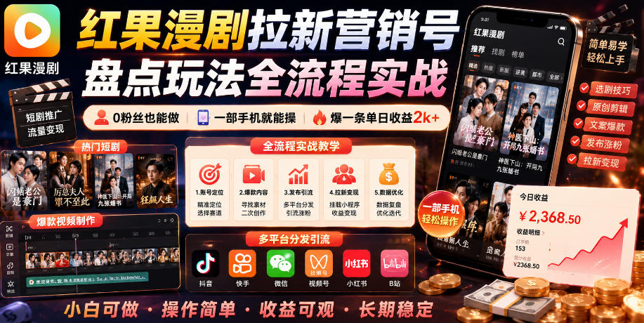 红果漫剧拉新营销号盘点玩法全流程实战，0粉丝也能做，一部手机就能做，爆一条单日收益2k+-轻创星球网