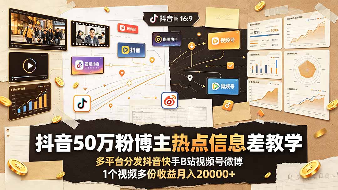 抖音50万粉博主热点信息差教学：多平台分发抖音快手B站视频号微博，1个视频多份收益月入20000+-轻创星球网