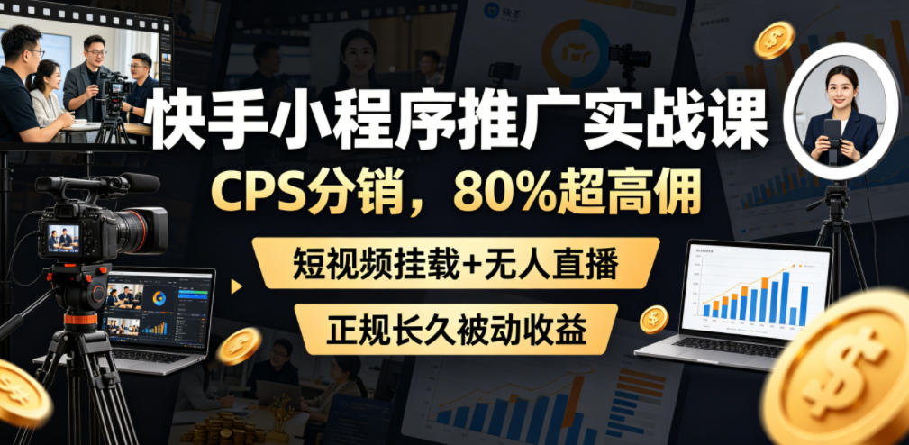 快手小程序推广实战课，CPS分销，80%超高佣，短视频挂载+无人直播，正规长久被动收益-轻创星球网