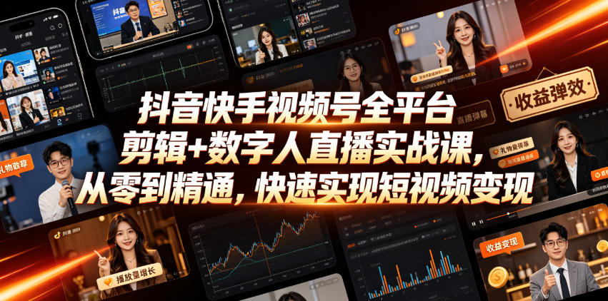 抖音快手视频号全平台剪辑+数字人直播实战课，从零到精通，快速实现短视频变现(更新2026年6月)​-轻创星球网