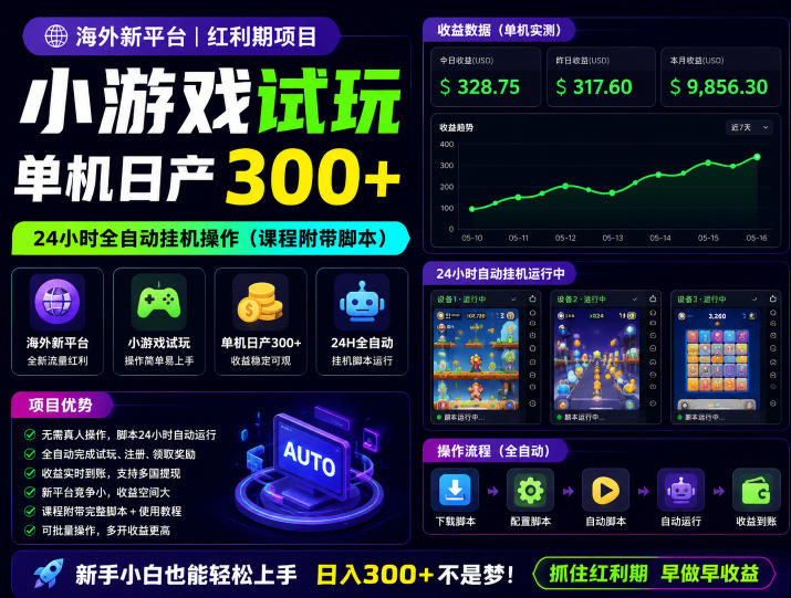 海外新平台，小游戏试玩，单机日产300+，24小时全自动挂G操作(课程附带脚本)【揭秘】-轻创星球网