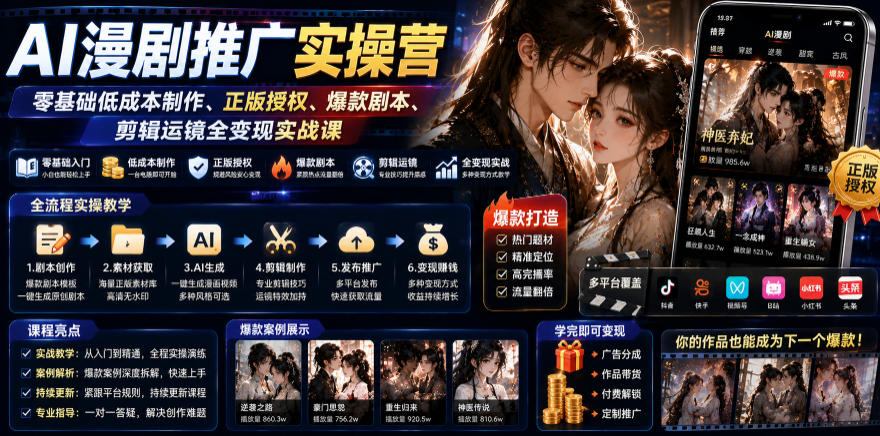AI漫剧推广实操营｜零基础低成本制作、正版授权、爆款剧本、剪辑运镜全变现实战课-轻创星球网