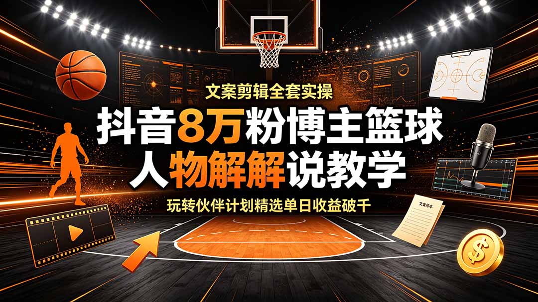 抖音8万粉博主篮球人物解说教学，文案剪辑全套实操，玩转伙伴计划精选单日收益破千-轻创星球网