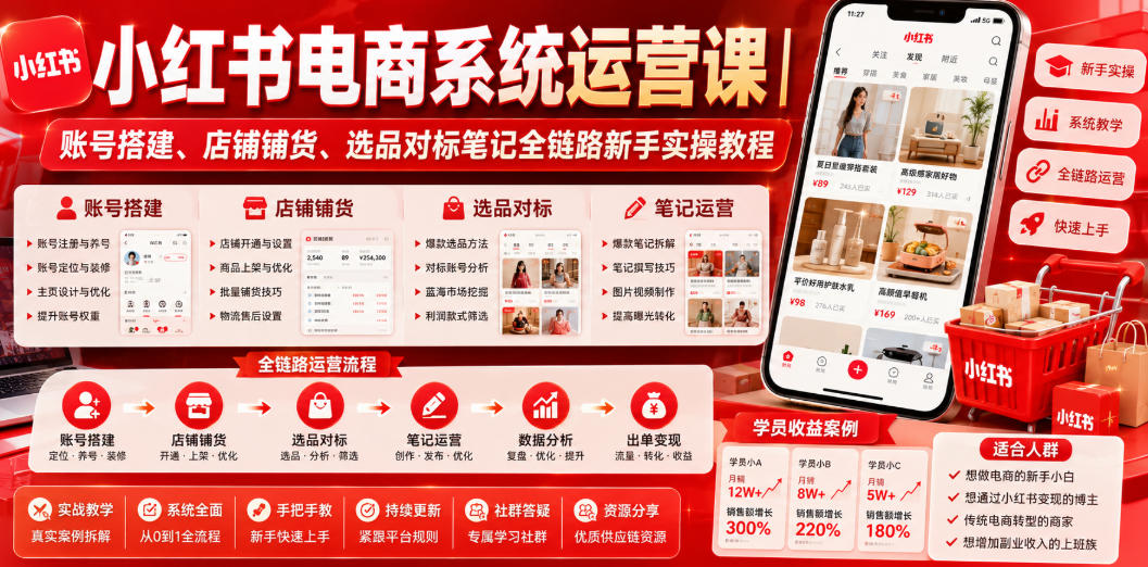 小红书电商系统运营课｜账号搭建、店铺铺货、选品对标笔记全链路新手实操教程-轻创星球网