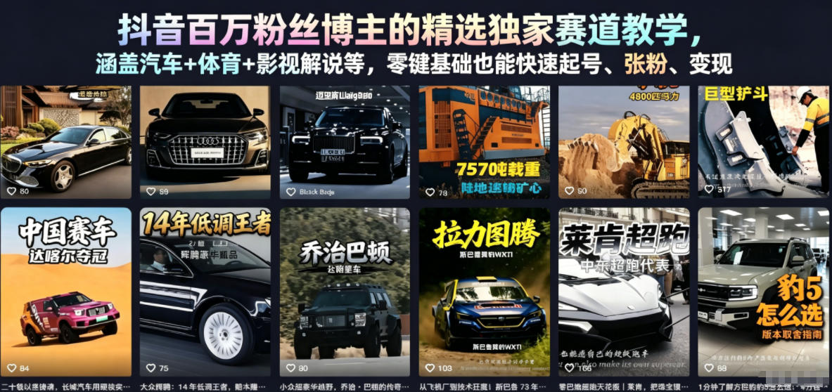 抖音百万粉丝博主的精选独家赛道教学，涵盖汽车+体育+影视解说等，零基础也能快速起号、涨粉、变现(更新0701)-轻创星球网