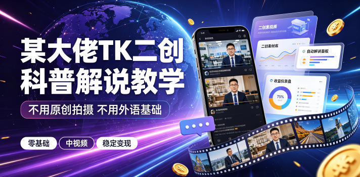 某大佬TK二创科普解说教学，不用原创拍摄不用外语基础，零基础做TikTok中视频稳定变现-轻创星球网