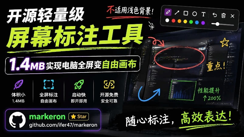 开源轻量级屏幕标注工具，1.4MB实现电脑全屏变自由画布！支持8种标注工具和全键盘操控MarkerOn-轻创星球网