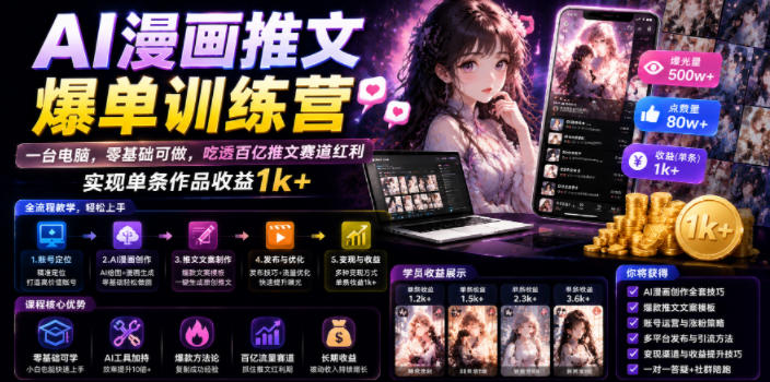 AI漫画推文爆单训练营，一台电脑，零基础可做，吃透百亿推文赛道红利，实现单条作品收益1k+-轻创星球网