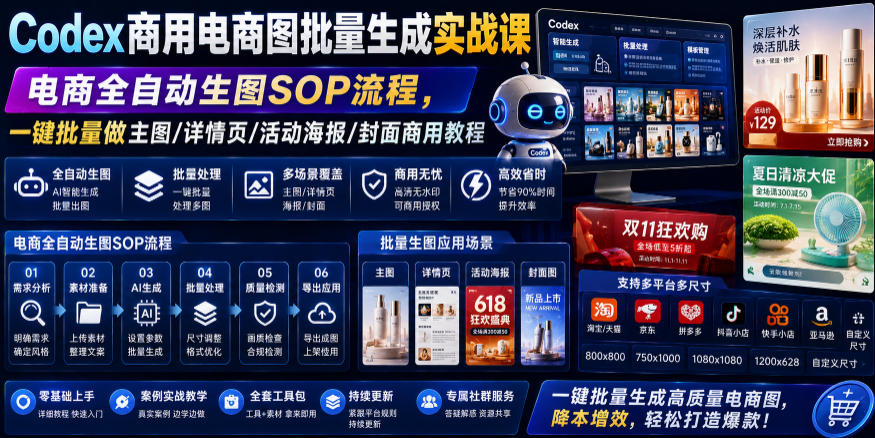 Codex商用电商图批量生成实战课｜电商全自动生图SOP流程，一键批量做主图/详情页/活动海报/封面商用教程-轻创星球网
