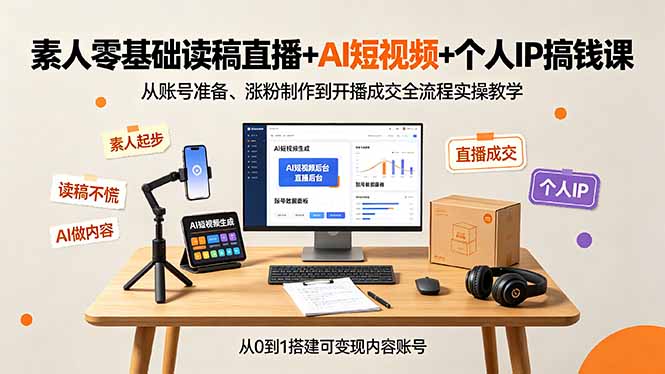 素人零基础读稿直播+AI短视频+个人IP搞钱课，从账号准备、涨粉制作到开播成交全流程实操教学-轻创星球网