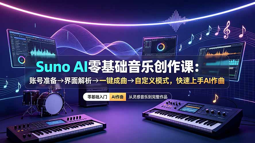 Suno AI零基础音乐创作课：账号准备→界面解析→一键成曲→自定义模式，快速上手AI作曲-轻创星球网