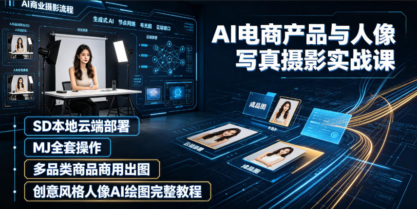 AI电商产品与人像写真摄影实战课｜SD本地云端部署、MJ全套操作、多品类商品商用出图、创意风格人像AI绘图完整教程-轻创星球网