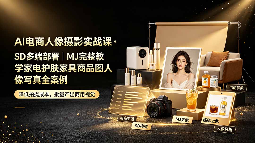 AI电商人像摄影实战课·SD多端部署｜MJ完整教学｜家电护肤家具商品图人像写真全案例-轻创星球网
