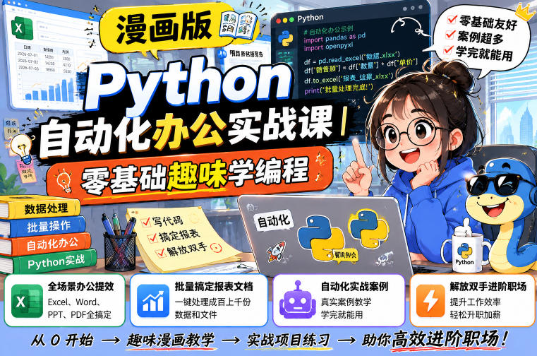 漫画版Python自动化办公实战课｜零基础趣味学编程，全场景办公提效、批量搞定报表文档、解放双手进阶职场-轻创星球网