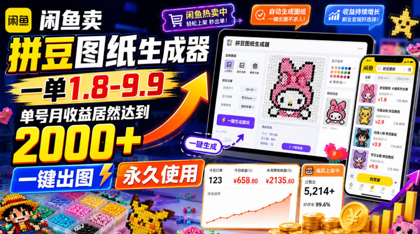 闲鱼卖拼豆图纸生成器，一单1.8-9.9，单号月收益居然达到2000+一键出图永久使用-轻创星球网