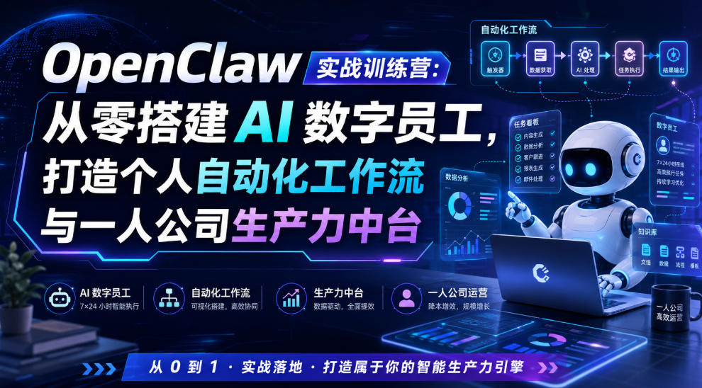 OpenClaw实战训练营：从零搭建AI数字员工，打造个人自动化工作流与一人公司生产力中台-轻创星球网
