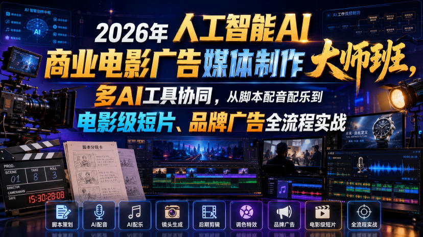 2026年人工智能AI商业电影广告媒体制作大师班，多AI工具协同，从脚本配音配乐到电影级短片、品牌广告全流程实战(中英字幕)-轻创星球网