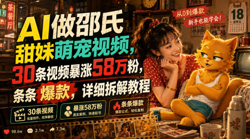 AI做邵氏甜妹萌宠视频，30条视频暴涨58万粉，条条爆款，详细拆解教程-轻创星球网