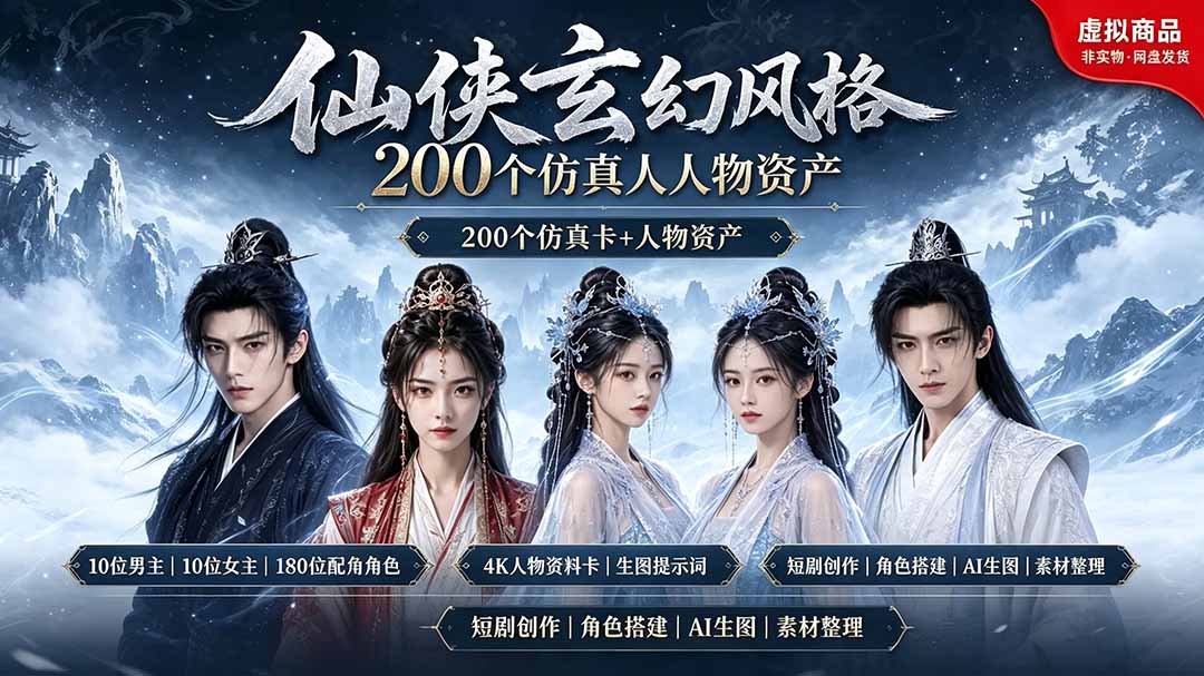 200个仙侠玄幻仿真人素材◆10男主×10女主×180配角，4K资料卡+AI生图提示词，漫剧必备-轻创星球网