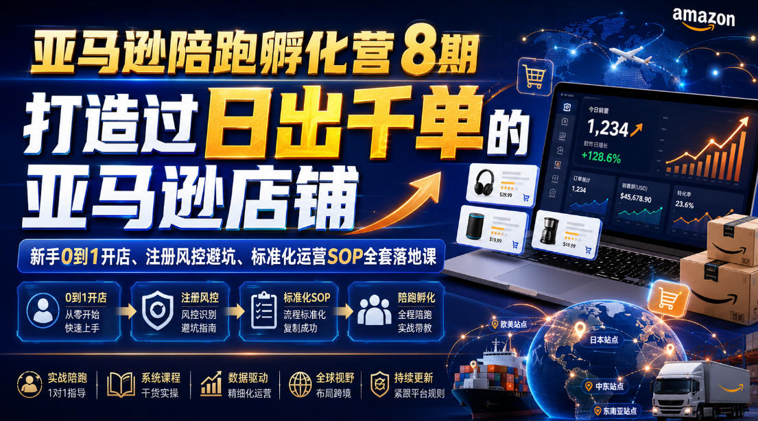 亚马逊陪跑孵化营8期，打造过日出千单的亚马逊店铺，新手0到1开店、注册风控避坑、标准化运营SOP全套落地课-轻创星球网