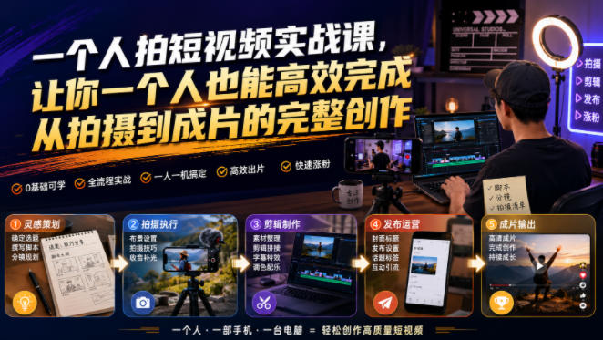 一个人拍短视频实战课，让你一个人也能高效完成从拍摄到成片的完整创作-轻创星球网